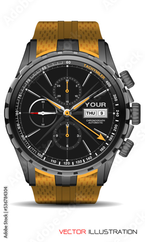 Realistic grey watch chronograph stainless steel yellow rubber clockwise fashion for men design luxury isolated vector