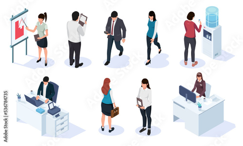 Isometric set of working people, employees isolated on white background. Businessman and businesswoman characters office design. Business man and woman, managers staff collection. Vector illustration
