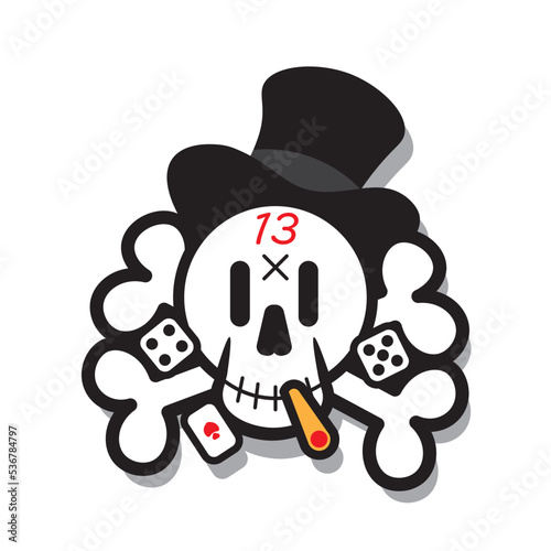 Illustration of a skull and bones in a cylinder hat, deadman smocking a cigarette, cards and dice. Vintage tattoo, sticker of a loser, bad luck in gambling.