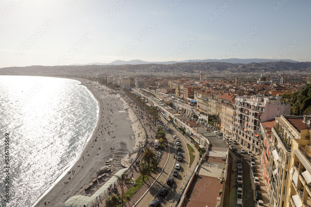 Overview of the sea town of Nice on the French riviera during a sunny spring day.