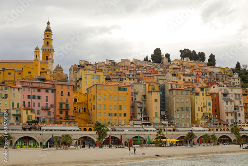 Old town and architecture of Menton on the French riviera during a cloudy spring day.