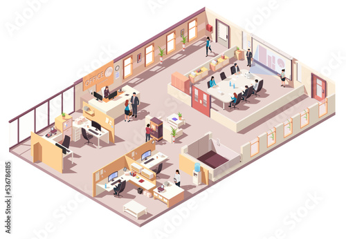 People workplace in office isometric design. Company employees man and woman team work together in comfortable modern cabinet. Business center floor interior inside with furniture. Vector illustration