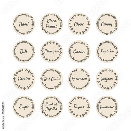 Spices and herbs vector label set for kitchen jar. Spice ellipse floral wreath vintage stickers.