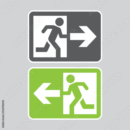 Exit door this way with man running vector sign. Doorway symbol sticker.