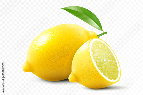 Fresh lemon isolated on transparent background. A whole lemon and half a lemon. Realistic 3d vector illustration. Fully editable handmade mesh.