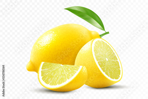 Fresh lemon isolated on transparent background. A whole lemon, half and slice a lemon. Realistic 3d vector illustration. Fully editable handmade mesh.