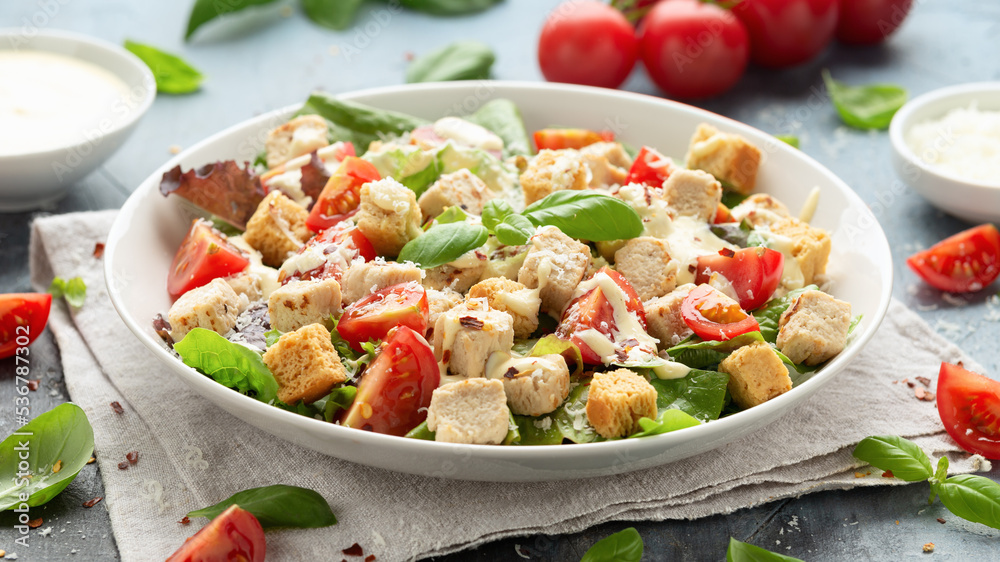 Vegetarian ceasar salad with meat free chicken pieces cherry tomatoes croutons and lettuce in white plate. Vegetarian ceasar salad with meat free chicken pieces cherry tomatoes croutons and lettuce in white plate.