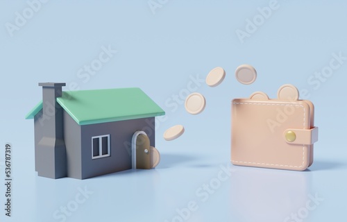 Coins transfer from house to wallet, making additional income from house rent, real estate, or property, residential investment concept, 3d render illustration.