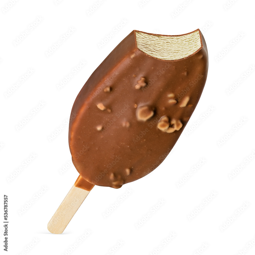 Bitten popsicle ice cream bar with chocolate coating and nuts isolated on white. Bitten popsicle ice cream bar with chocolate coating and nuts isolated on white.