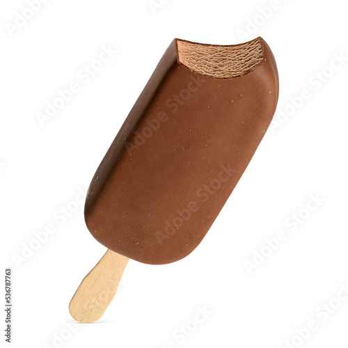 Bitten popsicle ice cream bar with chocolate coating isolated on white.