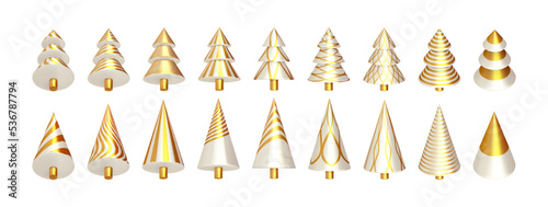 Set of abstract bright Christmas tree isolated on white background. 3d render collection of golden decorative christmas trees. Front view of fir trees toys in polished metal form. Vector illustration