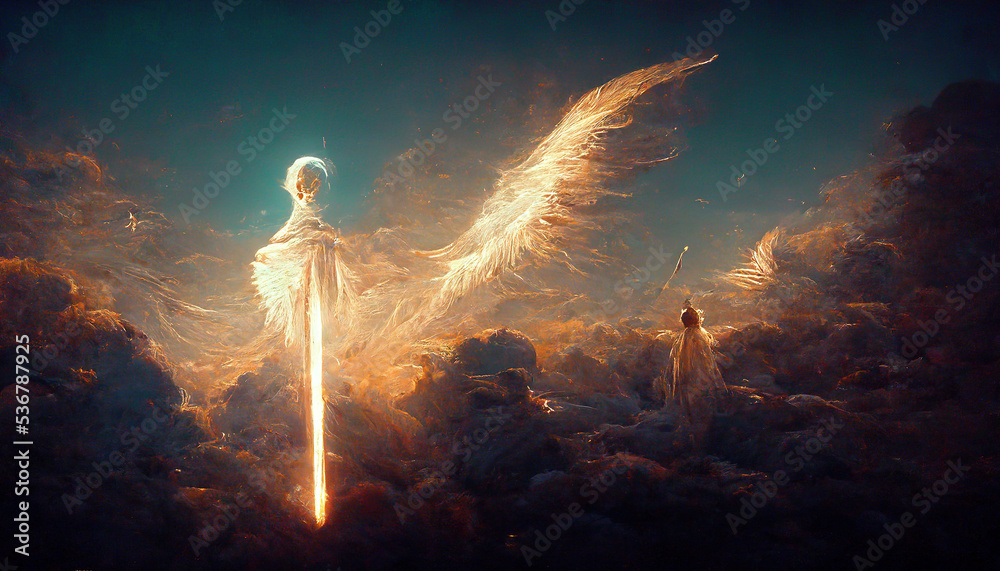 Beautiful illuminated light shining wings angel holding flaming sword