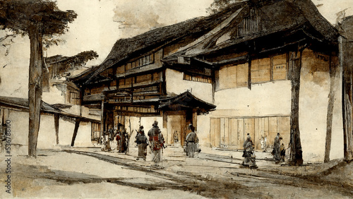 Illustration of feudal japan village