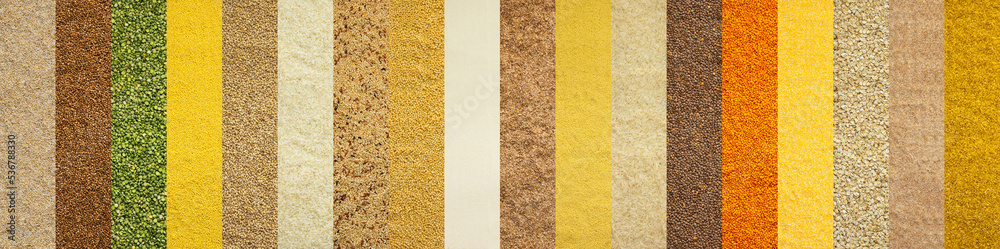 Various grain cereals banner, top view, wheat and oats, rice and peas, lentils and couscous and others Various grain cereals banner, top view, wheat and oats, rice and peas, lentils and couscous and others