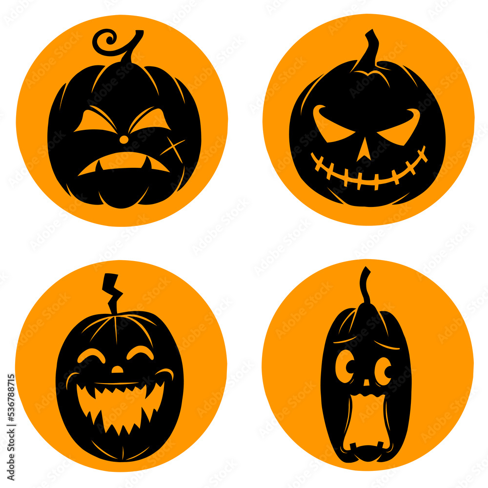 Obraz premium Set of black pumpkin vector illustrations with various facial expressions for Halloween celebration, on orange circle background eps format format