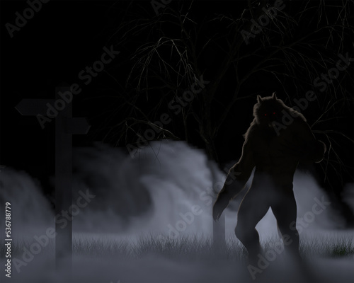 Valokuva Werewolf or Dogman cryptid standing on foggy moorland