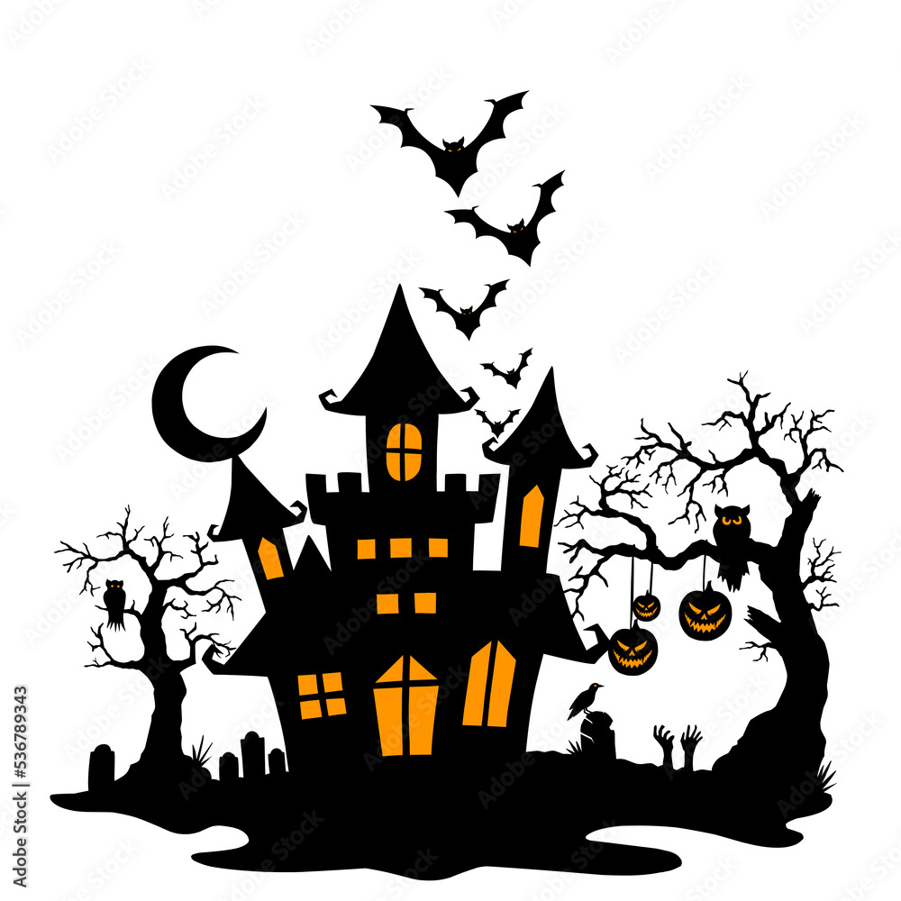 Halloween image of spooky house there is a bat with a spooky castle and a pumpkin. Vector elements for banner, halloween greeting card celebration, halloween party poster eps format