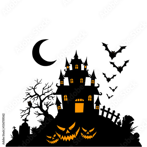 Halloween image of spooky house there is a bat with a spooky castle and a pumpkin. Vector elements for banner, halloween greeting card celebration, halloween party poster eps format