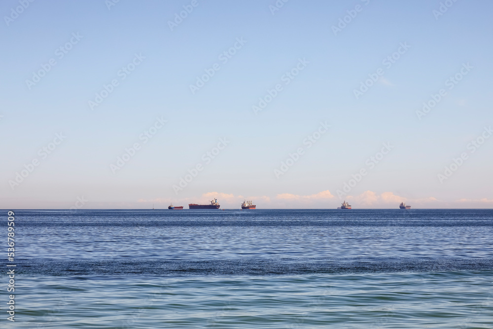 Container ships in the distance on the Baltic Sea