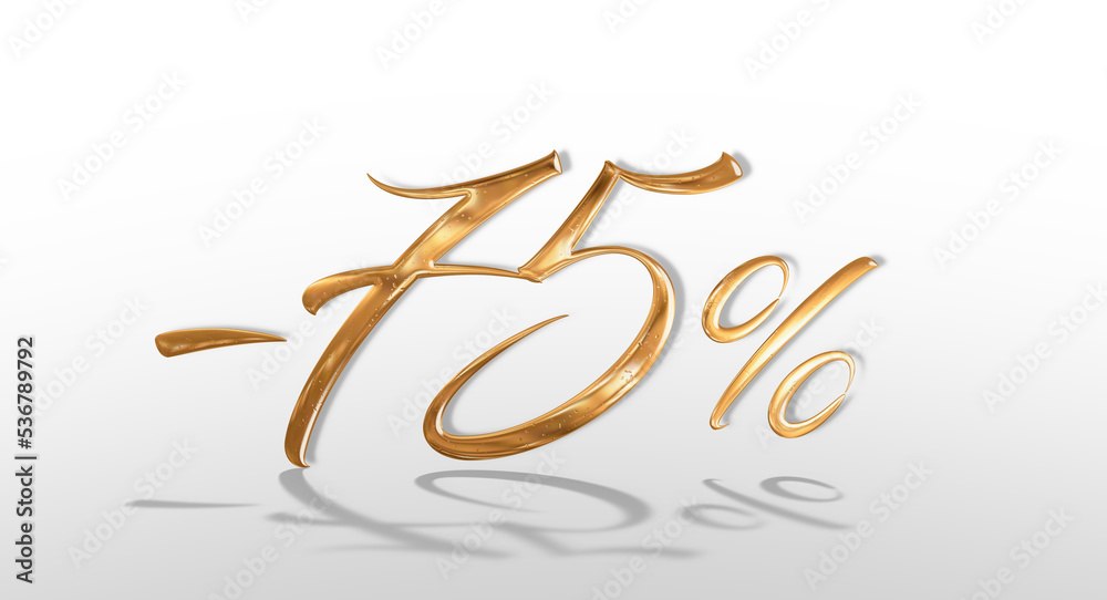 3d illustration Realistic golden text 75 percent discount number.