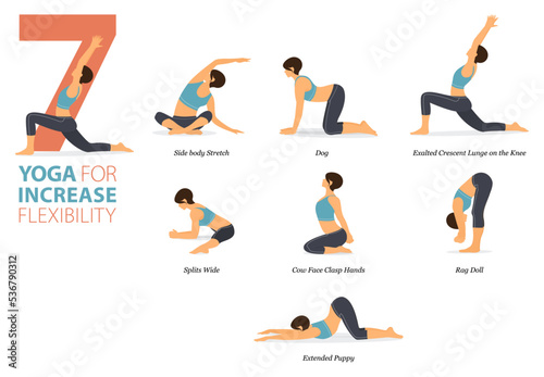 7 Yoga poses or asana posture for workout in increase flexibility concept. Women exercising for body stretching. Fitness infographic. Flat cartoon vector photo
