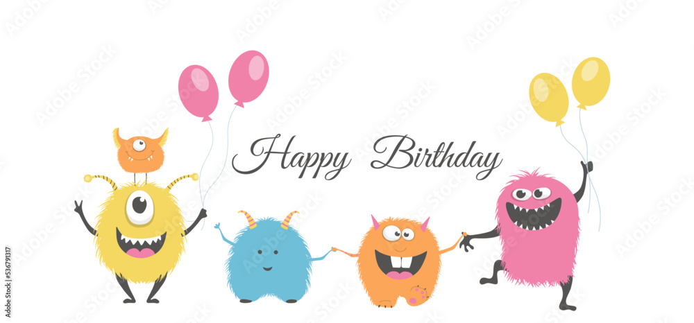 Group of cute colorful monsters. A child's picture. Greeting card. Vector illustration.