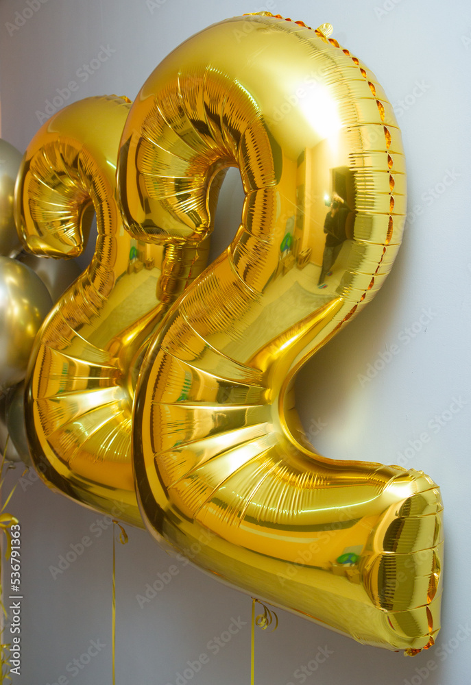 black and gold birthday balloons, golden foil numbers 22