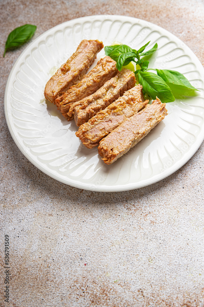 tuna slice fish canned in oil seafood healthy meal food snack on the table copy space food background tuna slice fish canned in oil seafood healthy meal food snack on the table copy space food background