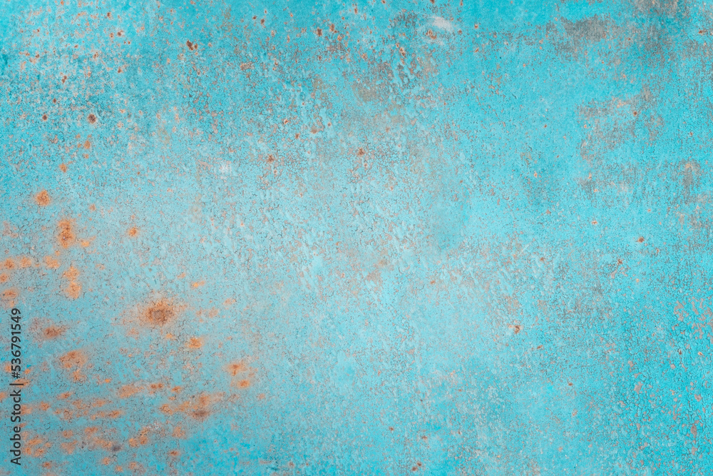 Turquoise surface. Rusted texture. Metal corrosion. Grunge old metallic background with orange damages copy space for text logo. Turquoise surface. Rusted texture. Metal corrosion. Grunge old metallic background with orange damages copy space for text logo.