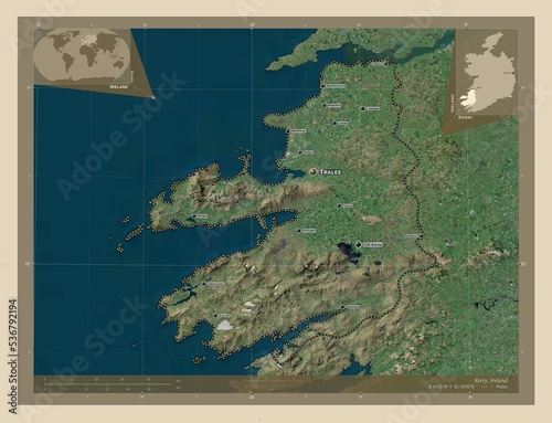 Kerry, Ireland. High-res satellite. Labelled points of cities photo