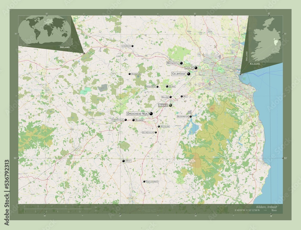 Fototapeta premium Kildare, Ireland. OSM. Labelled points of cities