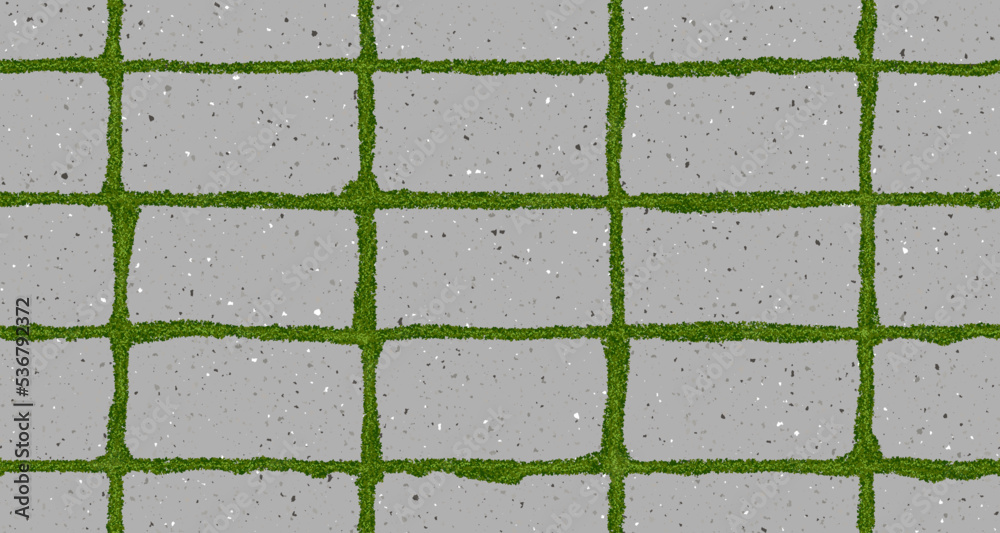 Seamless texture of old pavement with moss and concrete bricks. Vector pathway pattern top view. Outdoor slab sidewalk. Cobblestone footpath or patio. Concrete block floor