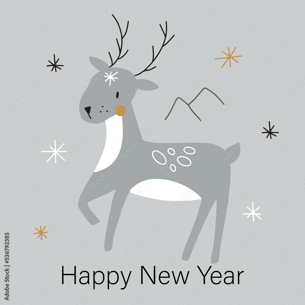 Happy New Year Illustration. Vector trendy illustrations of holiday card with deer, snow, lettering.