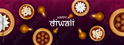 Illustration of Sweet, Food, snacks, and illuminated oil lamps on beautiful Indian festival background Happy Diwali.