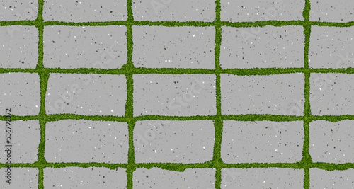 Seamless texture of old pavement with moss and concrete bricks. Vector pathway pattern top view. Outdoor slab sidewalk. Cobblestone footpath or patio. Concrete block floor