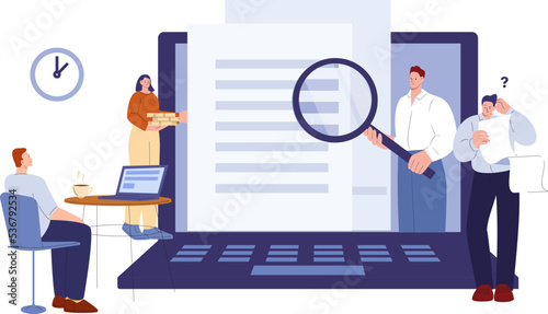 Business team meeting with boss. Online office training, coach at screen. Man drink coffee and watch invest study lesson. Confused vector man with list