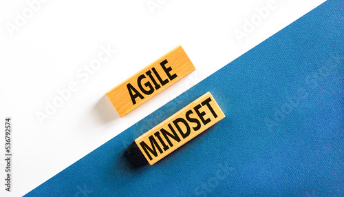 Agile mindset symbol. Concept words Agile mindset on wooden blocks. Beautiful white and blue background. White and blue paper. Business flexible and agile mindset concept. Copy space.