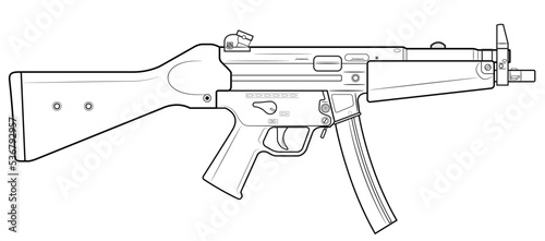 Vector illustration od the MP5 machine gun with stock on the white background. Right side. photo