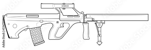 Vector illustration of the austrian bullpup automatic rifle with silencer and bipod on the white background. photo