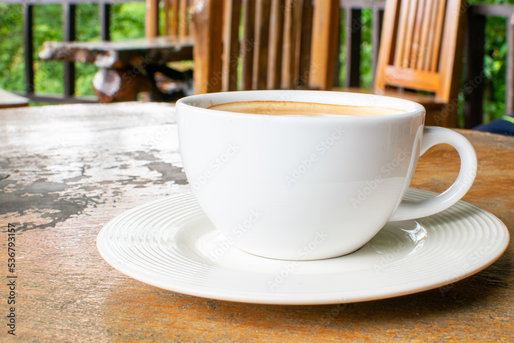 Coffee Cup on Table Against Landscape Scenery Mountain Hill Background Coffee Cup on Table Against Landscape Scenery Mountain Hill Background