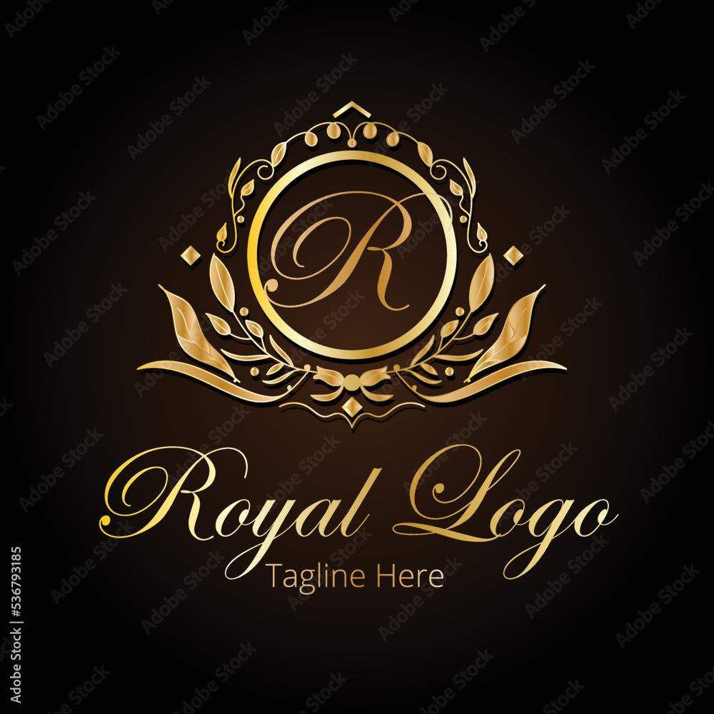 R letter mark circle shaped based golden colored royal logo with floral decorated design and dummy text on dark background.