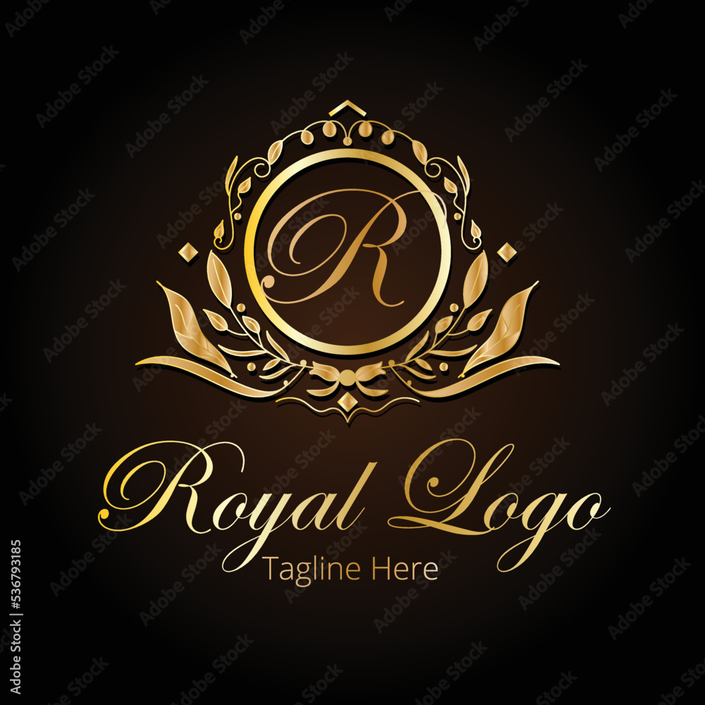 R letter mark circle shaped based golden colored royal logo with floral ...