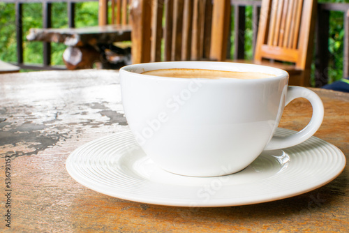 Coffee Cup on Table Against Landscape Scenery Mountain Hill Background
