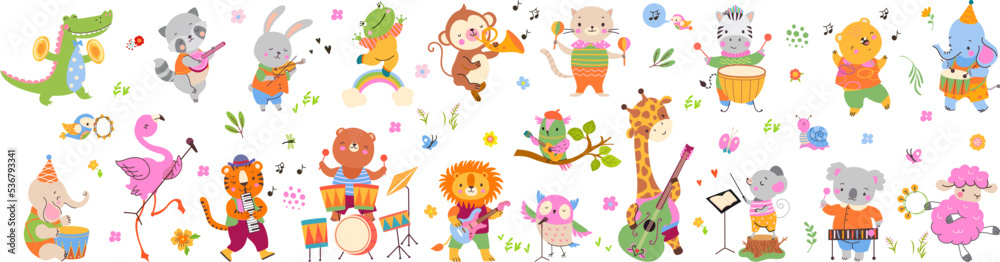 Musical dancing animals, celebration concert. Cartoon animal play musical instruments. Music giraffe, lion, hippo and elephant. Childish nowaday vector collection