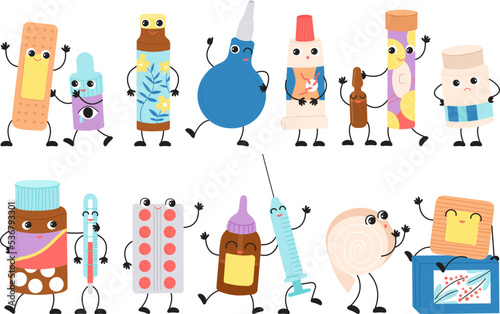 Medical pills cartoon characters. Medicine with cute faces, pharmaceutical antibiotic and drugs. Kids pharmacy decent vector emotional clipart