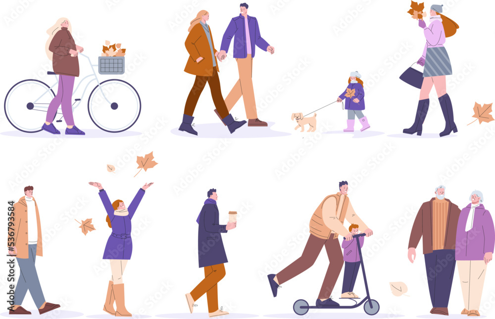 Autumn walking stylish people. Guys in winter and fall clothes, activity lifestyle. Outdoor walk person with bicycle, modern flat cartoon kicky characters