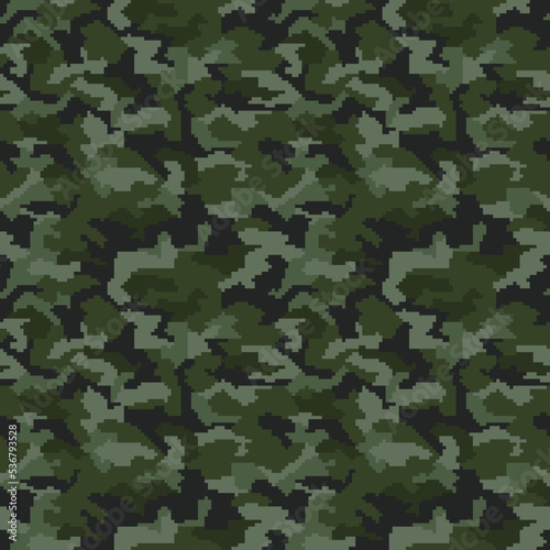 Digital camo. Seamless camouflage pattern. Military modern texture. Dark green, forest colors. Vector fabric, textile print