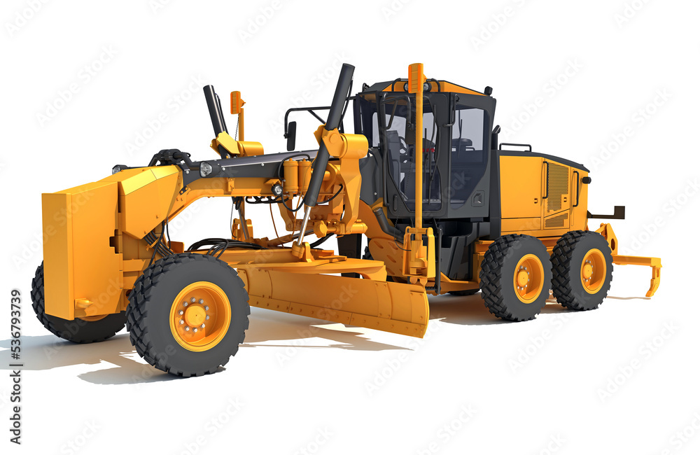 Motor Grader heavy construction machinery 3D rendering on white background Motor Grader heavy construction machinery 3D rendering on white background