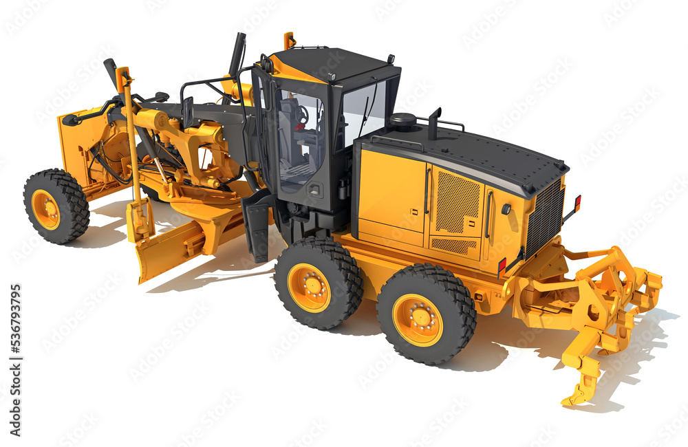 Motor Grader heavy construction machinery 3D rendering on white background Motor Grader heavy construction machinery 3D rendering on white background