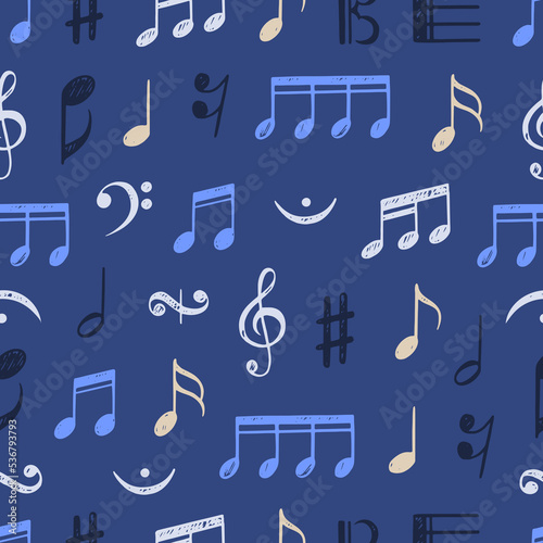 Music notes seamless pattern. Musical hand drawn ornament, sketch sound abstract background. Vintage style melody note neoteric vector print
